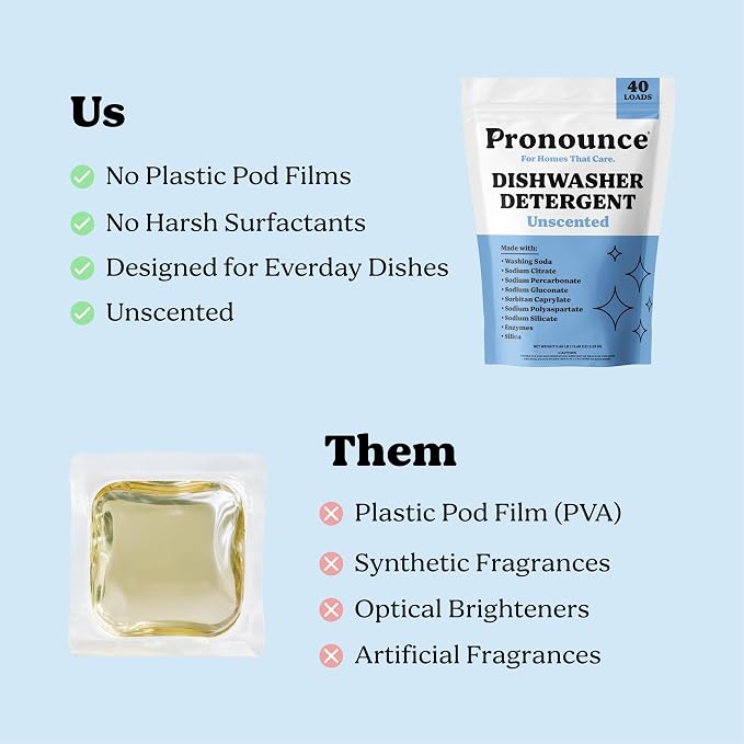 Pronounce Dishwasher Detergent - Cleaner Ingredients, Fragrance Free - Ultra Concentrated Dish Soap, Cuts Grease and Grime, Dishwasher Pods Alternative. (40 Loads, Unscented)