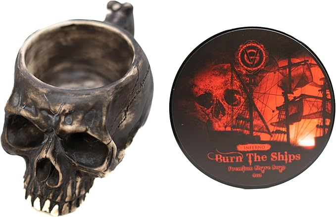 Burn The Ships Shaving Kit | Ceramic Skull Shave Bowl & Cream | Wet Razor Lather Mug | Hot Scuttle for Traditional Grooming | Shaving Soap Gift Set | Barber Accessories for Men
