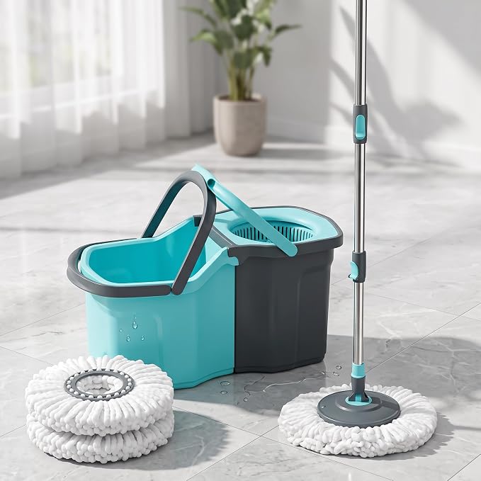 Spin Mop and Bucket Set with 2 Mop Heads, Teal and Grey | Hands-Free Wringing, Detachable Bucket, Deep Clean Microfiber, All Floor Types, Stainless Steel Handle