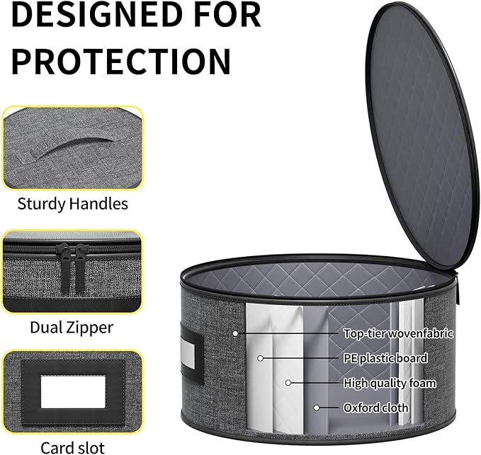 Aokeyee 4-Piece Plate Storage Set, Hard-Shell Dinnerware Organizer, Grey | With 48 Soft Felt Dividers for Saucer, Dessert, Salad and Dinner Plates, Dual Zippers, Handles, Stackable, Moving & Storage