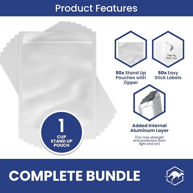 Wallaby 50 Count 1-Cup Gusset Mylar Bags with Labels, 11 Mil Total Thickness Long-Term Food Storage Pouches, 7x5 Stand-Up Zipper Heat-Sealable Airtight Packaging - Silver
