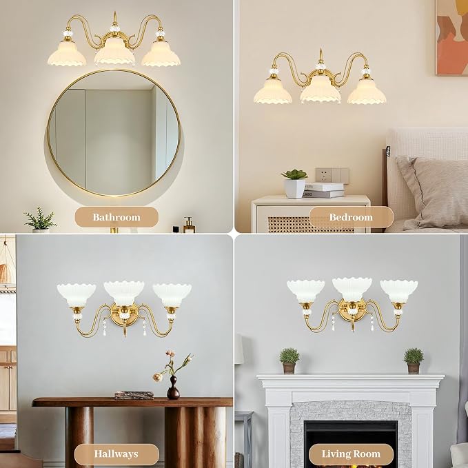 Vintage Bathroom Vanity Light, 3-Light Brushed Gold Finish Wall Sconce with Hanging Crystal Accents and Flower-Shaped White Glass Shades, Retro Wall Mount Vanity Light Over Mirror for Bathroom