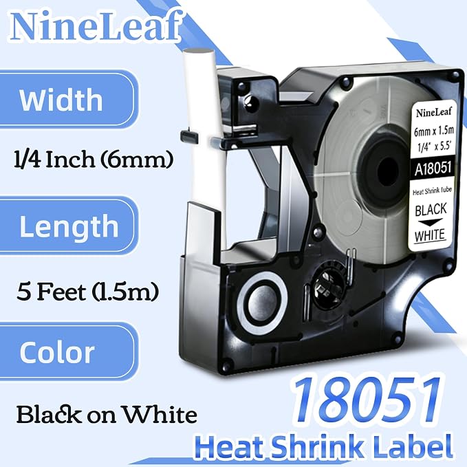 NineLeaf 3 Pack Compatible Labels Tape Replacement for Dymo 18051 1/4 inch Black on White Heat Shrink Tube Labels 6mm x 1.5m for Wires and Cables Use in Rhino 4200 5200 5000 6000 3M Label Maker