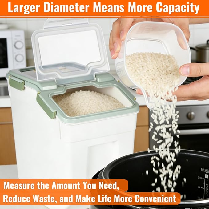 4 Pack Rice Container 25 lbs Large Bulk Flour Sugar Storage Holdhouse Plastic Grain Cereal Dry Goods Bin with Spoon and Measuring Cup for Kitchen Pantry Organization - Green