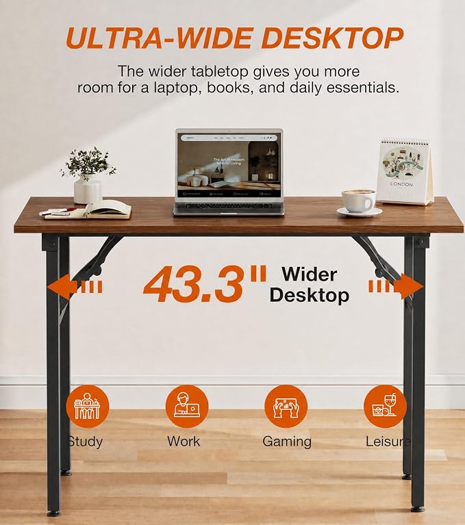 XBurmo Folding Desk Foldable Table, No Assembly 43.3" Foldable Desk Space-Saving Workstation for Small Space, Computer Table, Flat Storage for Home Office, Bedroom, Dorm, Study Room, Dark Walnut