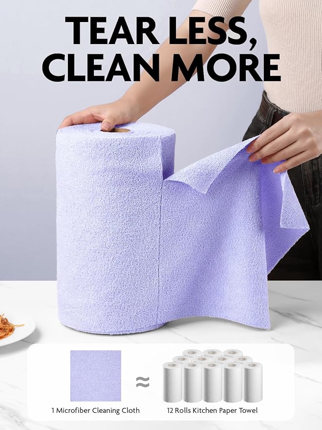 Fantasticlean Microfiber Cleaning Cloth Roll -75 Pack, Tear Away Microfiber Towels, 12" x 12", Reusable, Washable, Scratch Free, Ultra Absorbent Dishcloth for All-Around Cleaning Supplies (Lavender)