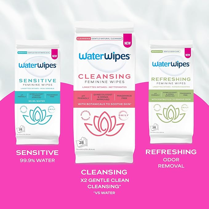 WaterWipes Cleansing Feminine Wipes, pH Friendly for Daily Intimate Care, Soothing Botanicals, Gynecologist Approved, Fragrance Free, 28 Count