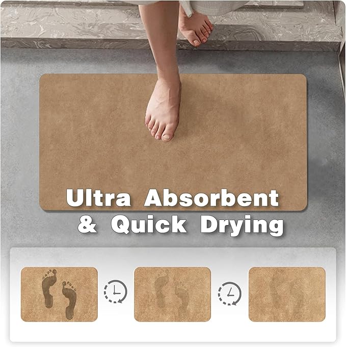 TYUU Bathroom Mat Quick Dry, Bathroom Rugs Non Slip Washable Thin Absorbent Bath Mat Fits Under Door Bathroom Floor Mat Perfect for Bath, Shower, or Sink 16"x24" Camel