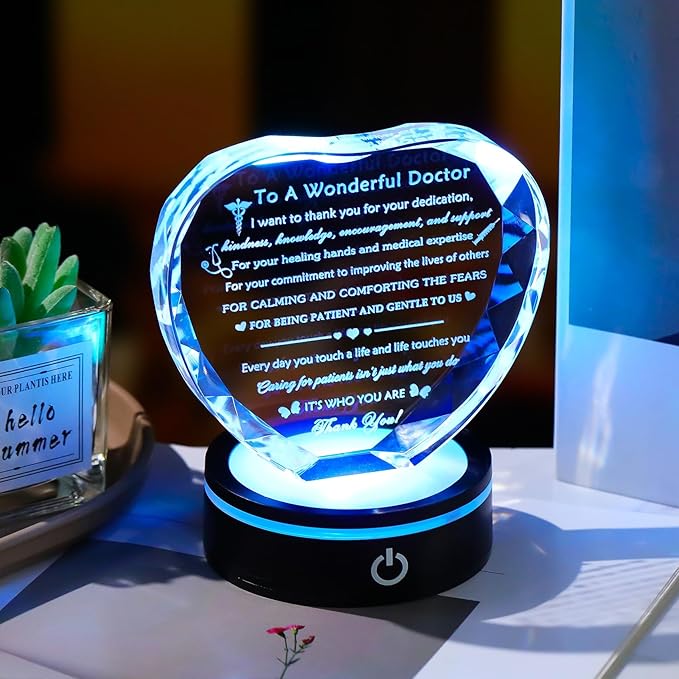 YWHL Doctor Appreciation Gifts for Women Men with Light Base, Crystal Heart Plaque Thank You Gift for Doctors Best Doctors Present Idea for Doctors' Day Retirement Birthday Christmas Table Decor