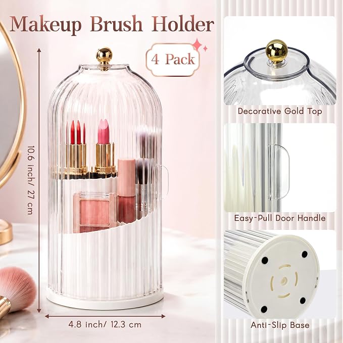 Novabright 4 Pack Makeup Brush Holder with Lid 360° Rotating Makeup Brush Organizer with 3 Compartments Dustproof Cosmetic Storage for Vanity Bathroom Countertop (Transparent)
