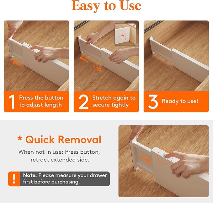 Lifewit 4 Pack 5" High Drawer Dividers 34-56cm/13.5-22" Adjustable Drawer Organizer for Clothes/Utensils, Expandable Drawer Separator in Dresser/Kitchen/Bedroom/Office Organization & Storage White