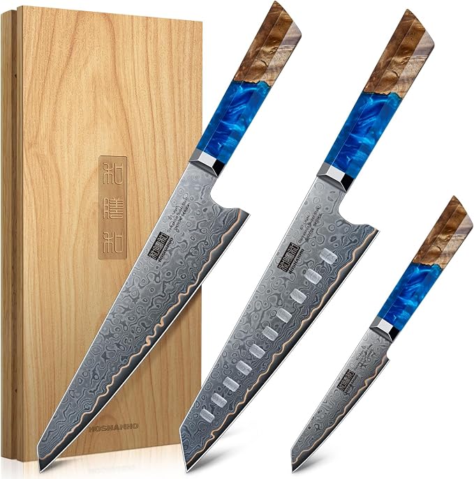 HOSHANHO Damascus 3PCS Knife Set, 67-Layer Damascus Steel Kitchen Knife Set | Ultra Sharp Japanese Chef Knives Set with Ergonomic Blue Resin Stabilized Handle & Wood Gift Box