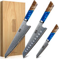 HOSHANHO Damascus 3PCS Knife Set, 67-Layer Damascus Steel Kitchen Knife Set | Ultra Sharp Japanese Chef Knives Set with Ergonomic Blue Resin Stabilized Handle & Wood Gift Box