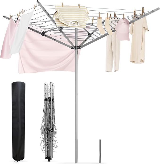 164Ft XL Outdoor Umbrella Clothes Drying Rack, 70.87" H | Collapsible 4-Arm Rotary Clothesline For Lawn, Garden & Backyard, Metal Frame For Outdoor Natural Laundry Drying