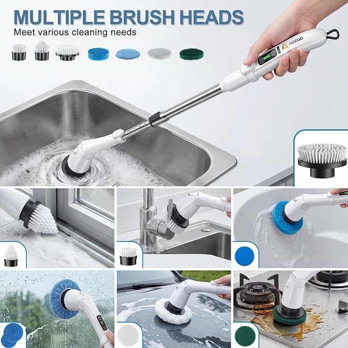 Cordless Electric Spin Scrubber with Extendable Long Handle | 3 Speed Modes, LED Light, 7 Replaceable Brush Heads, Works for Bathroom, Tub, Floor, Tile, Grout Cleaning