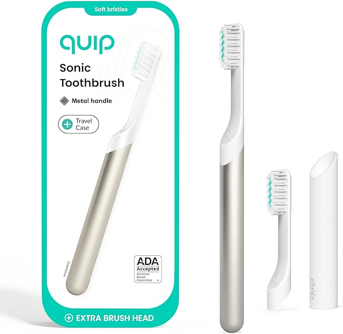 Quip Metal Sonic Electric Toothbrush for Adults - Time Travel & Soft Bristles with Travel Case & Replacement Brush Head - 3 Month Battery Life, Moonlight Champagne