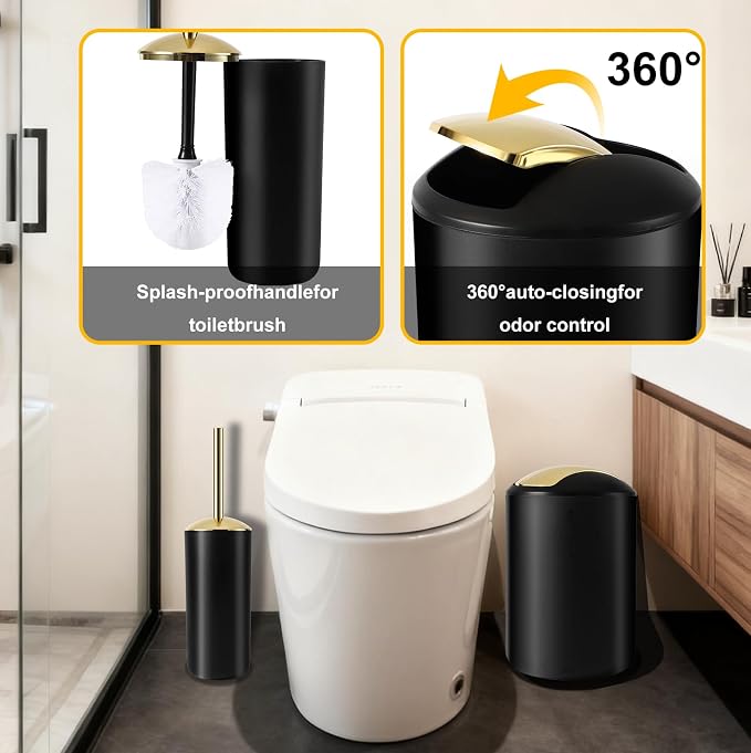 BSSN 25 Pieces Black and Gold Bathroom Accessories Set with Shower Curtain and Rugs, Trash Can, Toilet Brush, Soap Dispenser, Toothbrush Holder, Qtip Jars, Tray and Tumbler, Complete Bath Decor Set