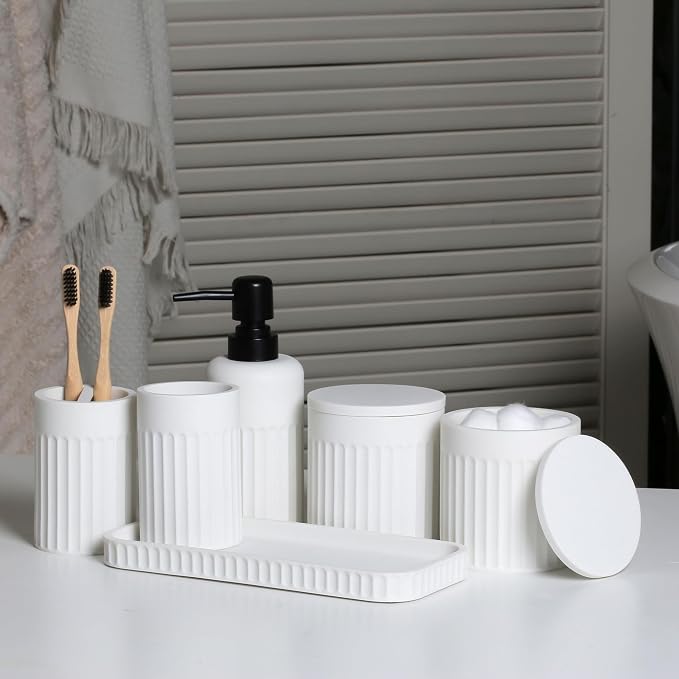 INIUNIK Bathroom Accessory Set - 6 Pieces Bathroom Accessories Set Complete with Soap Dispenser, Toothbrush Holders, Tumbler, Vanity Tray and 2 Qtip Holder for Home Organizer and Decor, White