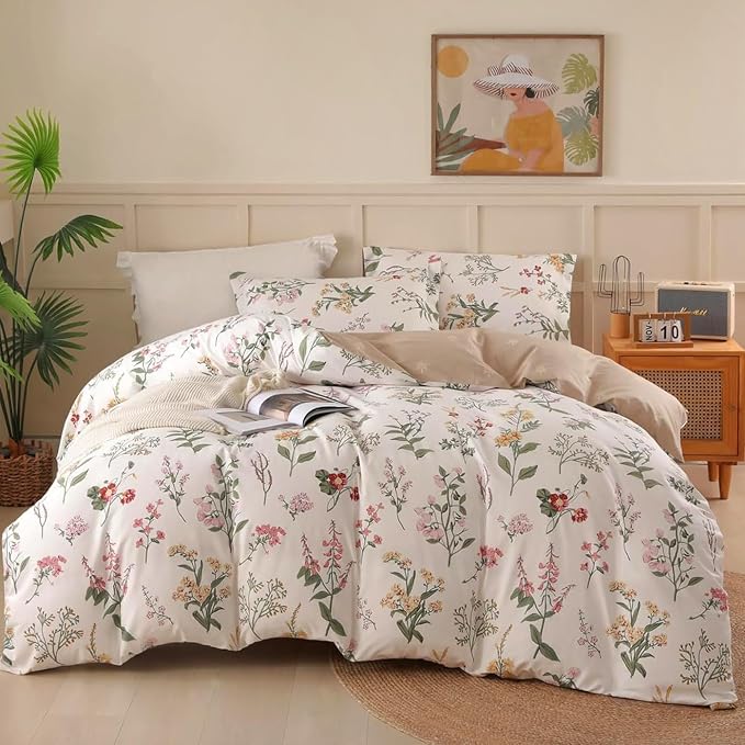 OAITE Duvet Cover Twin Size - 100% Cotton Comforter Cover Floral Duvet Cover Sets 3-PC, Breathable Duvet Cover with Zipper Closure & Corner Ties