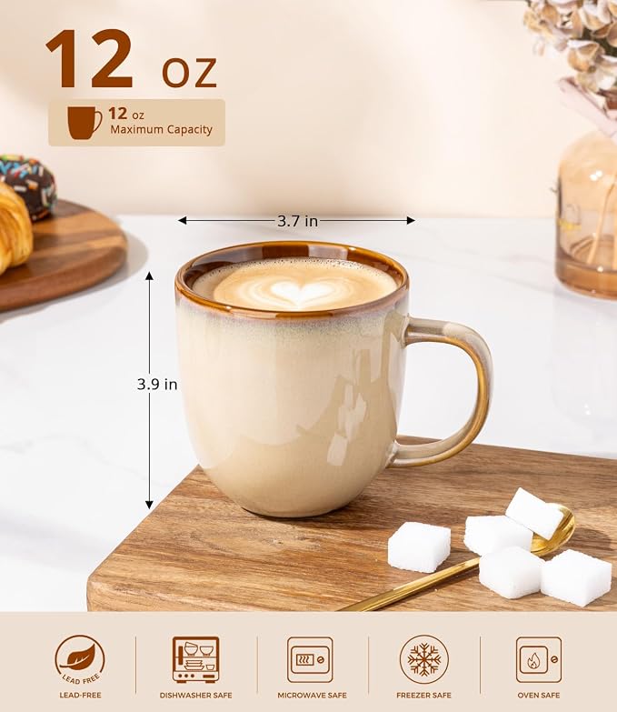 LERATIO Ceramic Coffee Mugs Set of 6,12oz Handmade Coffee Mugs Set | Large Handle for Cappuccino/Latte/Tea/Hot Cocoa,Oven &Dishwasher & Microwave Safe-Pale Kahki