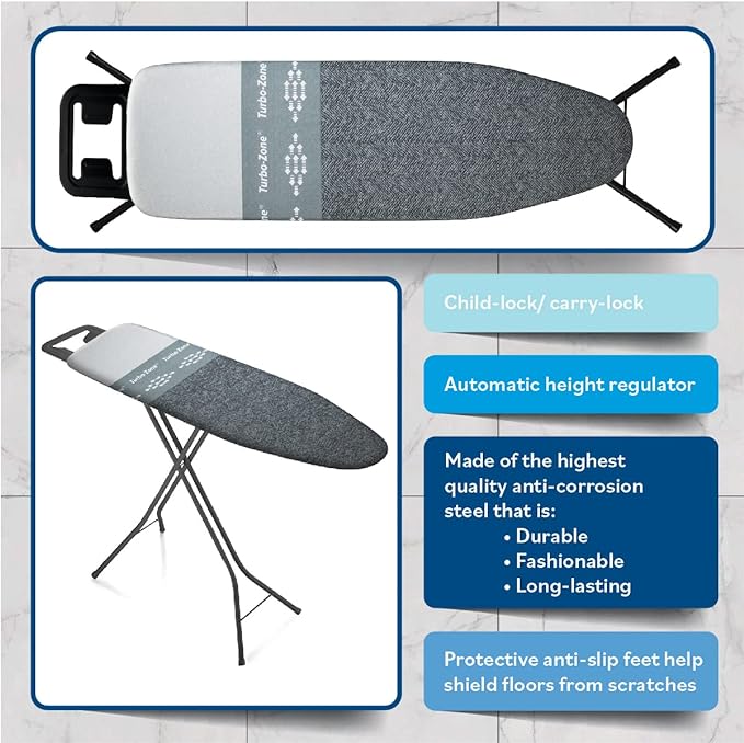 Bartnelli by Rorets Classic Ironing Board with New Patent EZ-Glide Technology, Made in Europe, Premium Iron Board with Iron Rest, 4 Layer Cover, 13x43 Surface, Height Adjustable to 36", 4 Steel Legs