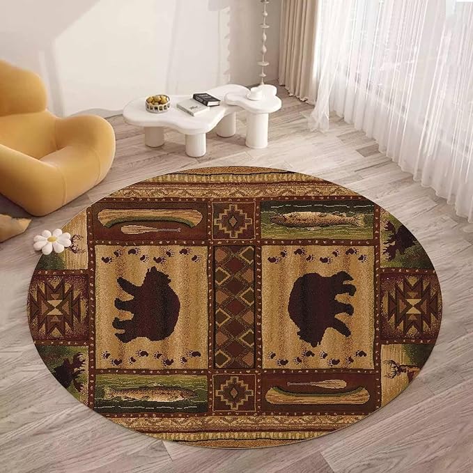 Western Wildlife Fish Pattern Area Rug 5ft for Bedroom Non-Slip Luxury Cabin Bear Footprints Round Rugs Office Decor Low Pile Floor Carpet
