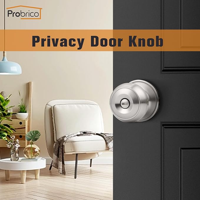 Probrico Privacy Door Knobs Brushed Nickel Finish, Interior Keyless Door Knobs Locks for Bedroom or Bathroom, 1 Pack