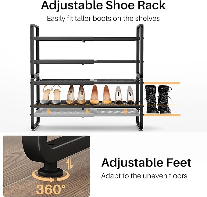 SNTD Shoe Rack - Expandable Shoe Organizer for Closet, Adjustable Metal Shoe Shelf Storage, Stackable Long Shoe Stand Holder for Garage, Entryway, Door Entrance (Black, 4-Tier)