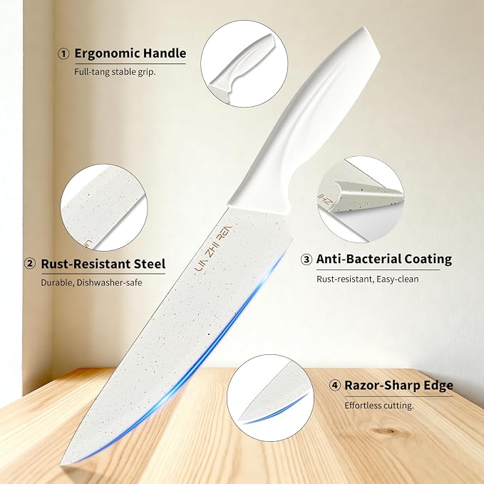 13 Piece Knife Set，Kitchen Knife Block Set，White stainless steel knife set with sharpener for Chopping, Slicing, Dicing & Cutting，Dishwasher safe