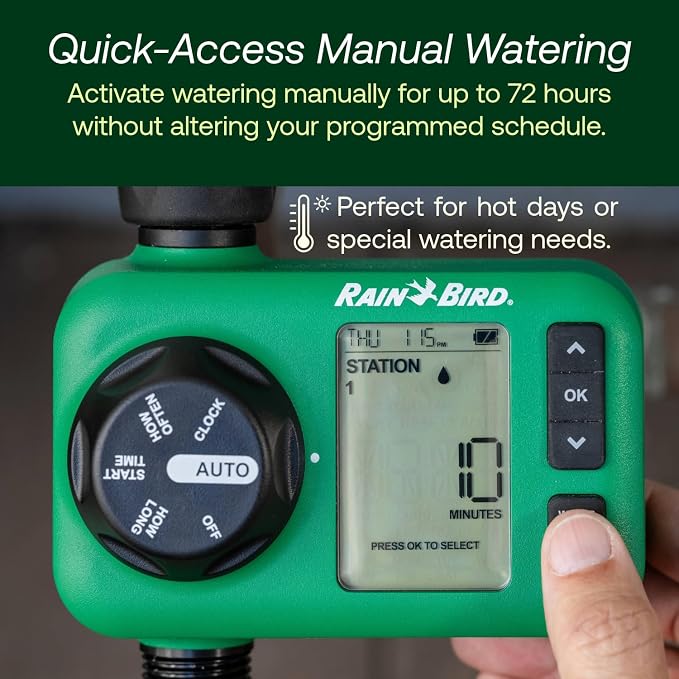 Rain Bird HET200 Electronic Digital Hose End Watering/Irrigation Timer, Battery Operated, 3/4" Garden Hose Thread, Heavy-Duty Brass Inlet, 2 Outlets/Ports