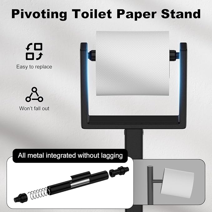 Black Toilet Paper Holder Stand，Stainless Steel Toilet Paper Holder Free Standing，Stable Weighted Base Floor Tissue Roll Holder for Bathroom，Modern Pivoting Toilet Paper Stand