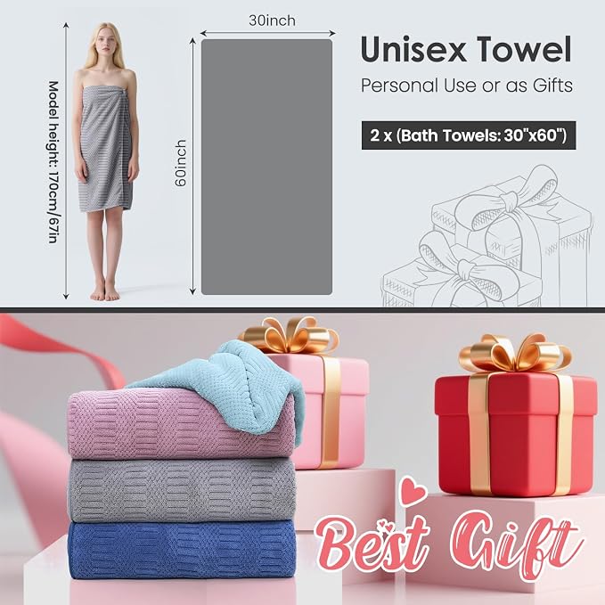 JML Bath Towels, 30" x 60", Gray, Set of 2 | Hanging Hook, Lint Free, Oversized, Soft, Super Absorbent, Fast Drying, Use for Sport, Fitness, Yoga, Diamond Cross Grid