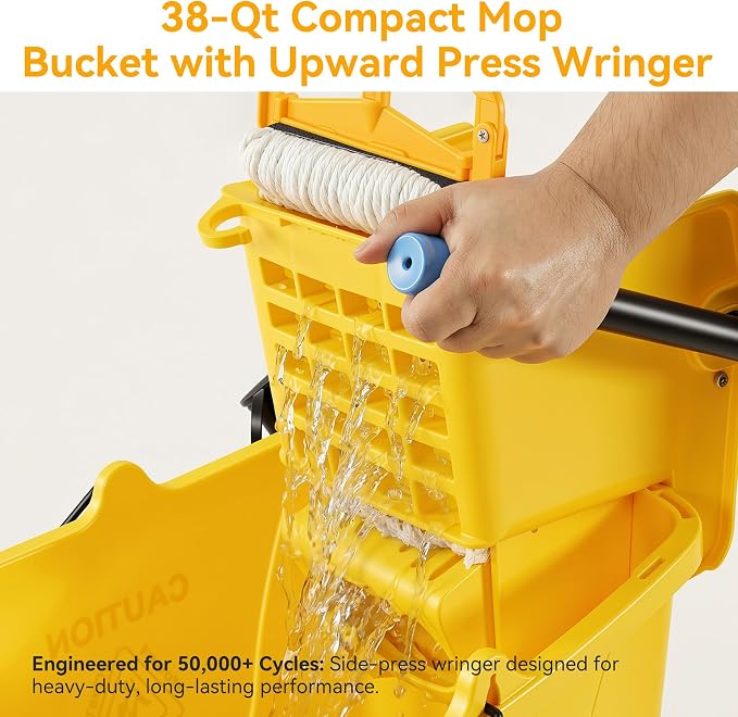 38 Qt Commercial Mop Bucket with Side Press Wringer on Wheels, Including Wet Floor Caution Sign, 1 Heavy Duty Industrial Mop, 1 Mop Head Replacement and a Pair of Gloves