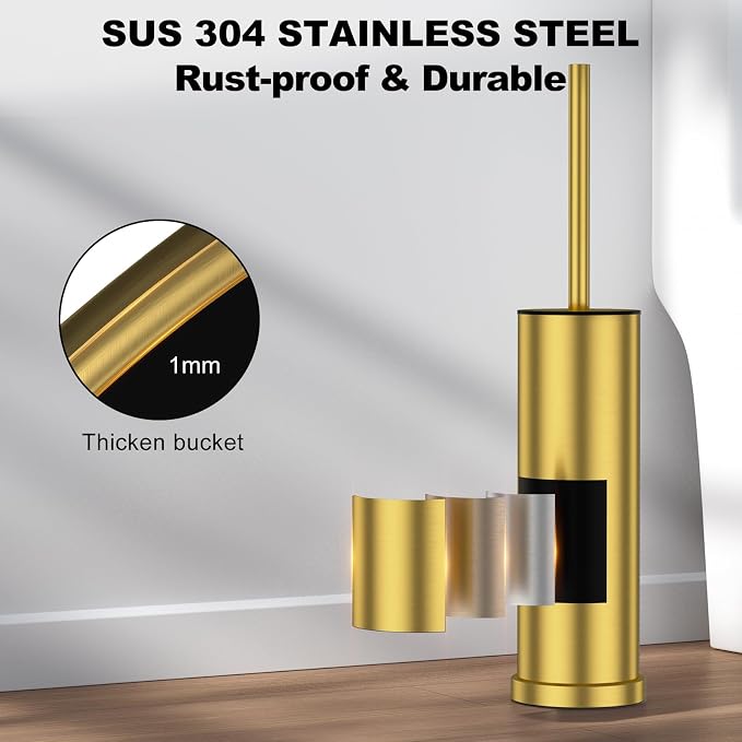 Brass Gold Toilet Brush and Holder Set，Stainless Steel Heavy Duty Toilet Bowl Brush，Extra Long Handled Modern Toilet Cleaner Brush with Replaceable Head, Removable Inner Bowl, and Splash Protection