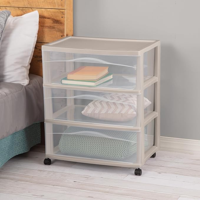 Sterilite 4 Pack Wide 3 Drawer Storage Cart, Rolling Organization, Grey | Clear Plastic Organizer Drawers with Wheels for Craft Supplies, Bath Essentials, or Home Accessories