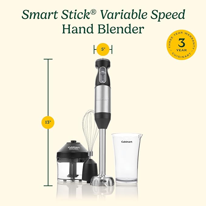 Cuisinart CSB-179 Smart Stick Variable Speed Hand Blender, Stainless Steel | Hand blender with variable speed control, stainless steel shaft, one-hand operation & lock/unlock button, CSB-179P1