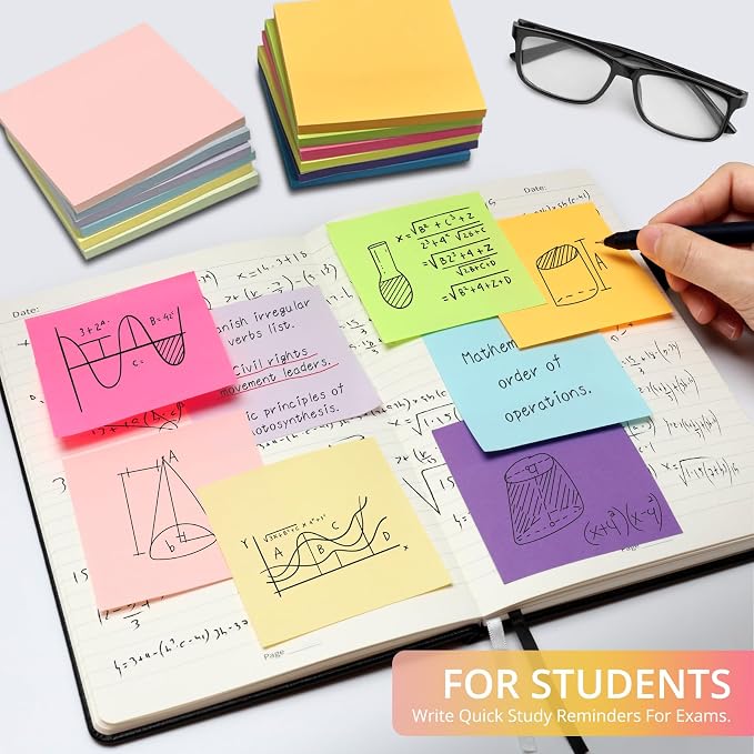 Sticky Notes, 144 Pads, 3x3 Inches Self-Stick Note Pads, Perfect for Office, Study, and Daily Life Organization - Bright