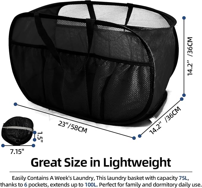 2 Pack Collapsible Laundry Baskets, Upgrade Pop Up Laundry Hamper with Convenient Bags, Foldable Laundry Basket Mesh Light Weight, Easy to Carry Clothes Hampers for Laundry, Dorm, Travel Black+Grey
