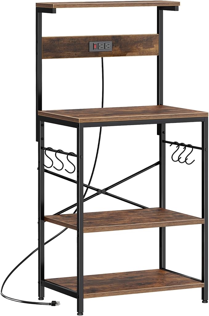 SUPERJARE Kitchen Bakers Rack with Power Outlet, Coffee Bar Table 4 Tiers, Kitchen Microwave Stand with 6 S-shaped Hooks, Storage Shelf Rack for Spices, Pots and Pans - Rustic Brown