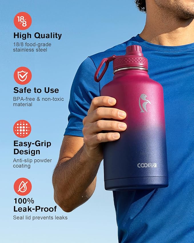 Half Gallon Water Bottle Insulated with Straw & 3 Lids, Coolflask 64 oz Water Jug Large Metal Stainless Steel Wide Mouth for Sports, Gym or Office, Non-BPA Keep Cold 48H Hot 24H, Ombre Wine/Navy