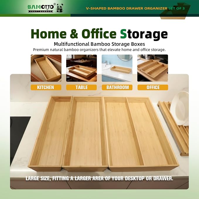 BAMOTTO CRAFTBAMBOO V-Shaped 3-Pack 19.6" Long Bamboo Drawer Organizer Box - Easy Reach Cutlery Tray for Flatware Silverware Utensil, Kitchen & Home Use (19.6"x5.7"/19.6"x7.8"/19.6"x12.4")
