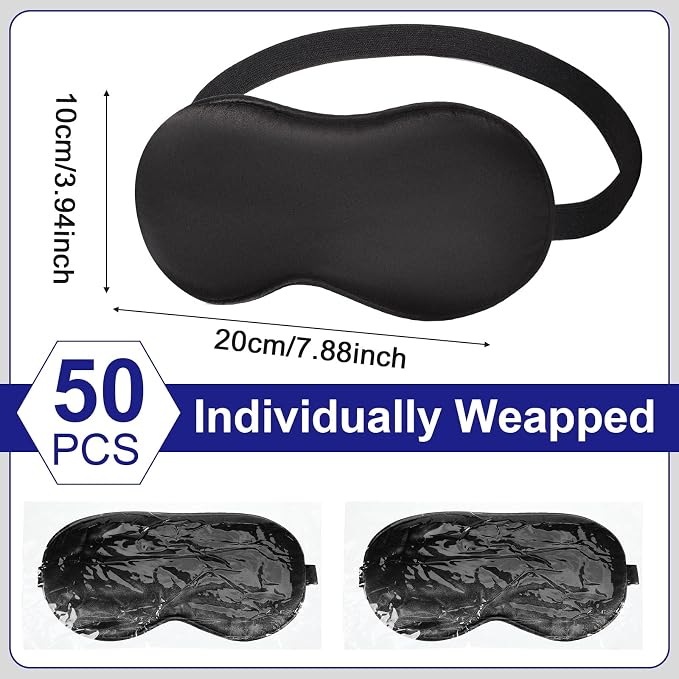 Newcotte 50 Pcs Silk Sleep Eye Mask for Sleeping Adjustable Elastic Strap Blackout Smooth Soft Eye Covers No Pressure Sleep Mask for Women and Men Comfortable Blindfolds(Black)