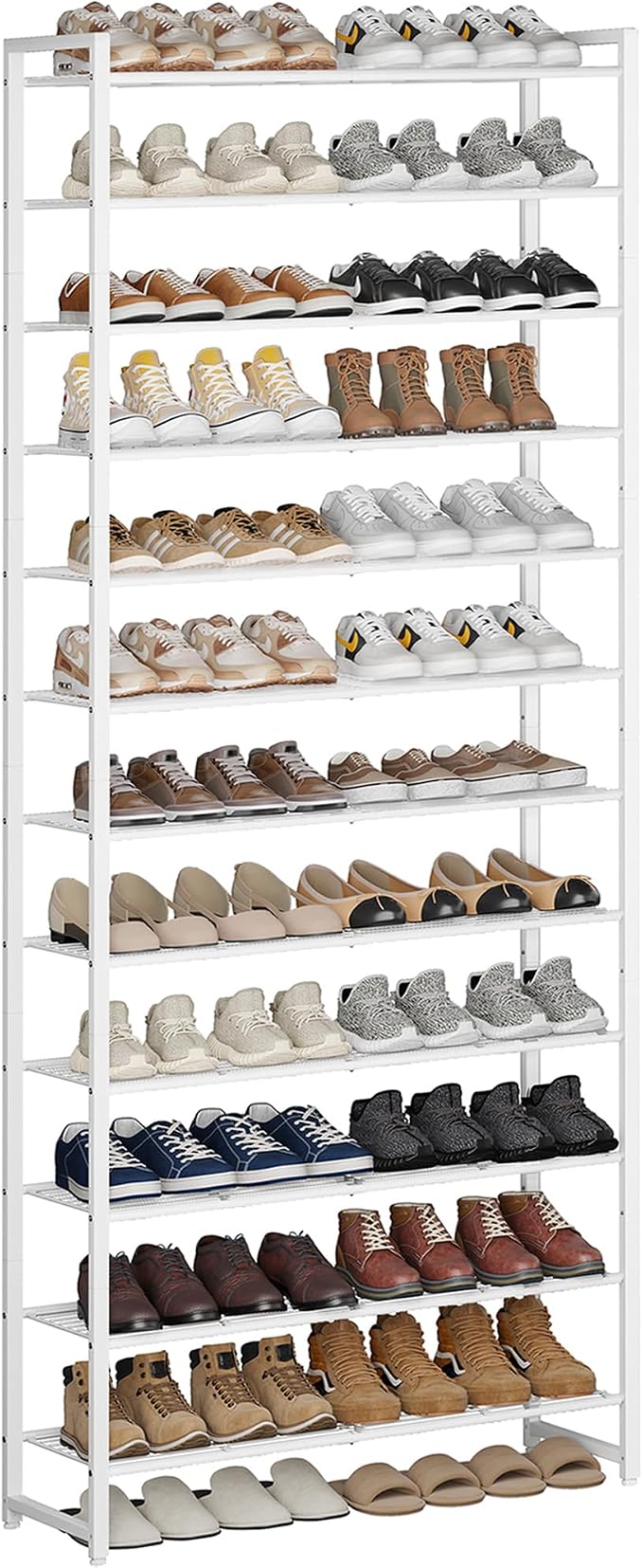 Nunsino Shoe Rack for Closet, Metal Shoe Organizer,12 Tier Garage Shoe Rack Max Holds 60 Pairs,Shoe Storage Shelf,Entryway, White
