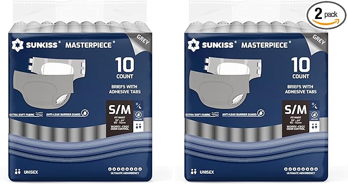 SUNKISS Masterpiece Adult Diapers with Tabs, Unisex Disposable Incontinence Briefs for Women and Men, Odor Control, Grey, S/M, 10 Count (Pack of 2)