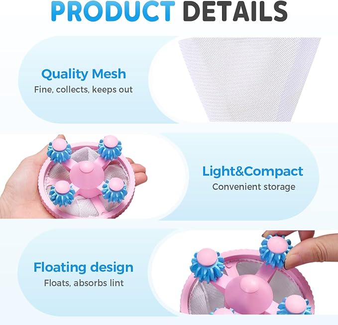 Washing Machine Hair Filter Mesh Bags, Floating Hair Filtering Mesh Removal, Pet Hair Remover for Laundry, Lint Catcher for Washing Machine, Reusable Washer Lint Catcher for Dog & Cat Hair (3, Pink)