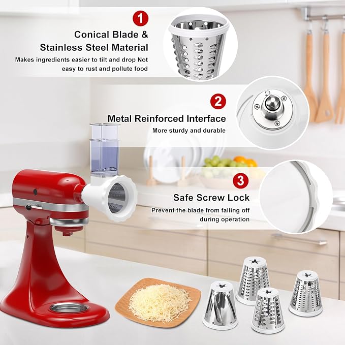 Upgraded Version - Cheese Grater Slicer Shredder Attachments for All KitchenAid Stand Mixers, Food Slicers Salad Maker Accessory Vegetable Chopper with 4 Blades Dishwasher Safe