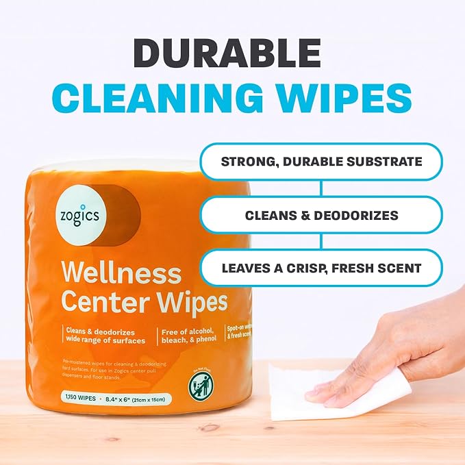 Zogics Wellness Center Cleaning Wipes – Gym Equipment Wipes for Cleaning Surfaces and Fitness Equipment, Durable and Safe Pre-Saturated Wet Wipes (2,300 Count, 2 Rolls of 1,150 Wipes)