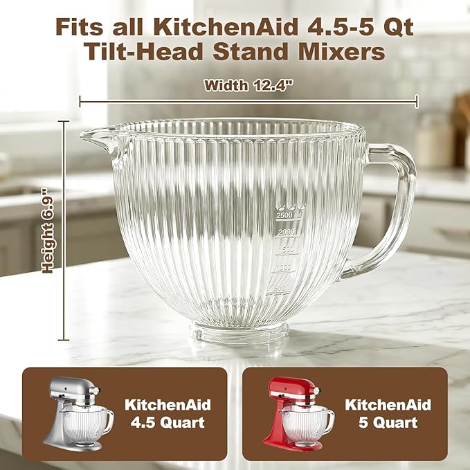 HOZODO Glass Mixer Bowl for KitchenAid 4.5 & 5-Qt Tilt-Head Stand Mixers | 5-Qt Mixing Bowl for Kitchen Aid with Measurement Markings and Handle