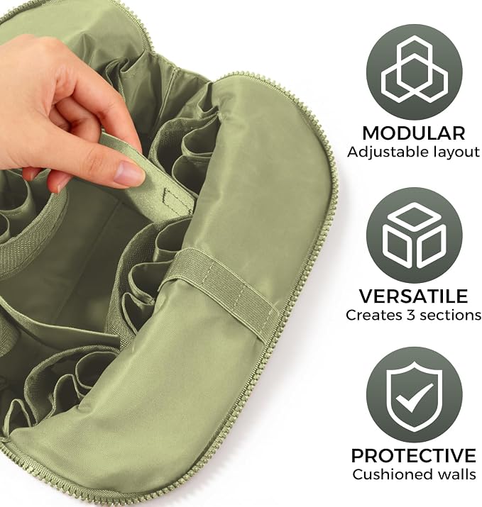 Travel Makeup Organizer Bag with Fold-Down Design and Adjustable Dividers, 27 Pockets & 3 Brush Storage Holders, Large Capacity Cosmetic Bags Toiletry Case - Dark Green