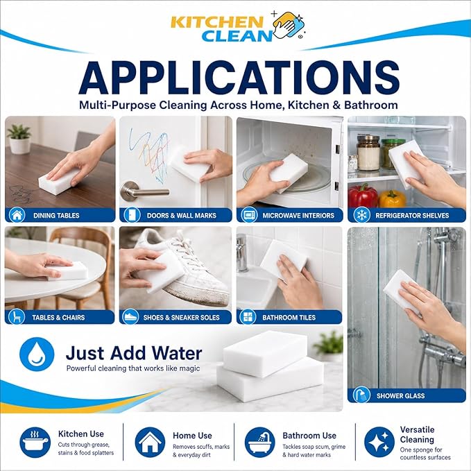 ™ Melamine Magic Eraser | Walls Stain Remover Sponge | Kitchen Latest Cleaning | Home Kitchen Bathroom Tiles, Lime Scale on Taps Wall Stains Cleaning (Pack of 8 Pcs)